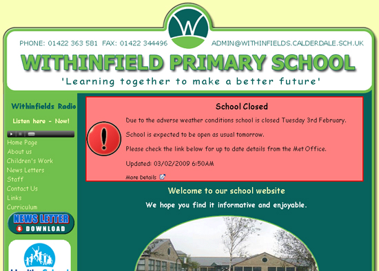 Screen shot of Withinfield Primary School Website